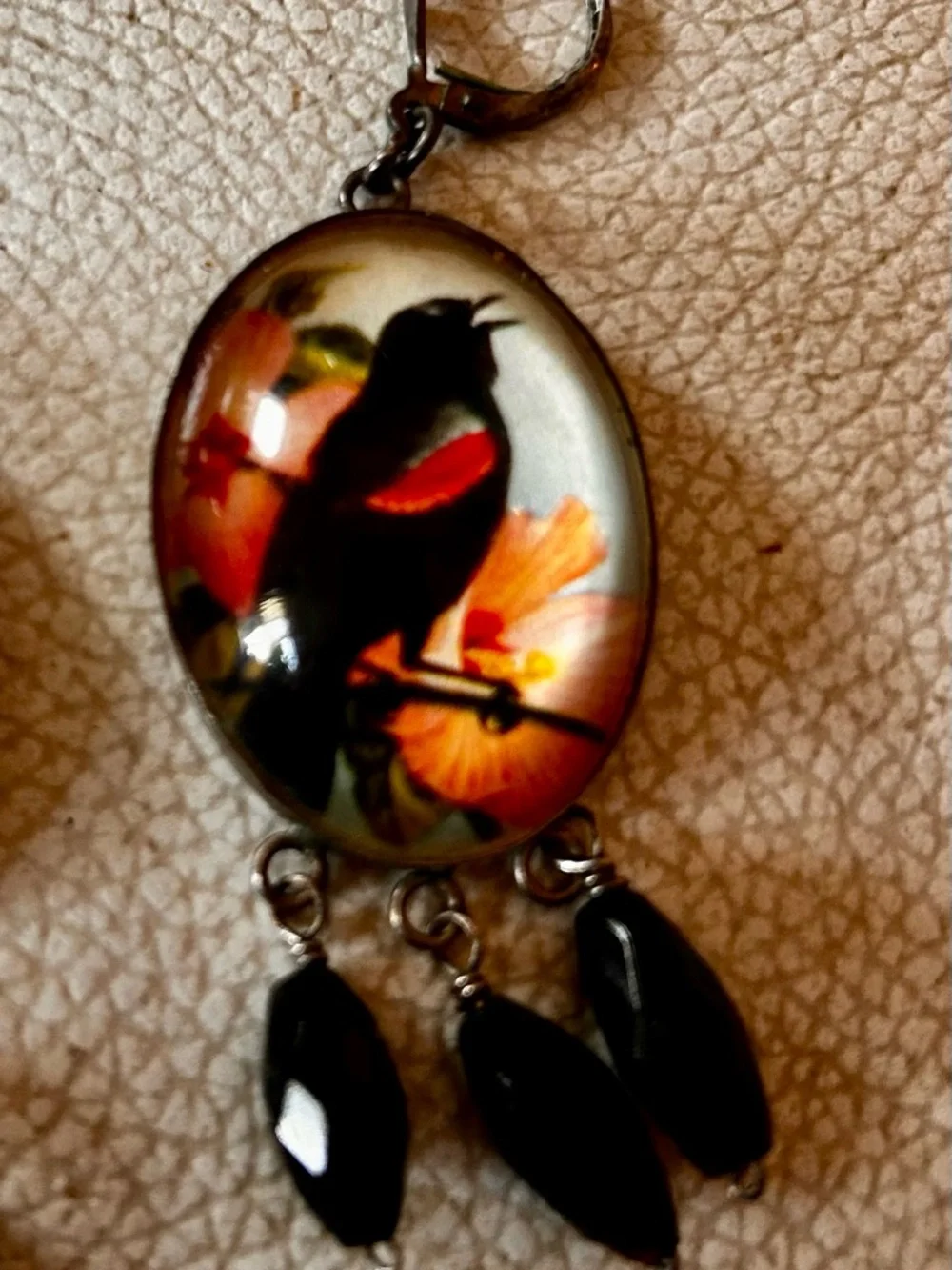 Hotcakes sterling silver earrings, bird design with obsidian beads. - Picture 2 of 2